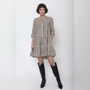 Apiece Apart Maurino Drop Waist Mini Dress in Walnut Gingham Cotton Linen Blend